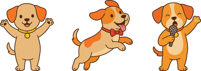 Set of cute cartoon puppy characters in various poses including waving jumping and singing isolated on white background