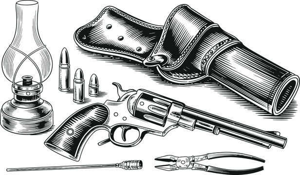 Wild West revolver holster bullets lantern vintage engraving illustration on transparent.