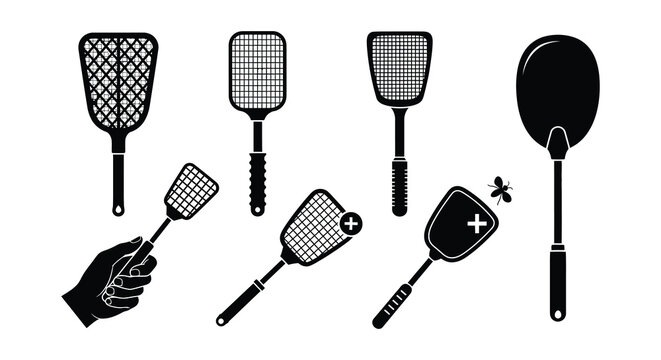 Black silhouette set of fly swatters and hand with insect