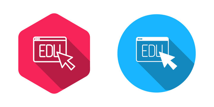 Filled and outline Online education and graduation icon isolated with long shadow background. Online teacher on monitor. Webinar and video seminar learning. Vector