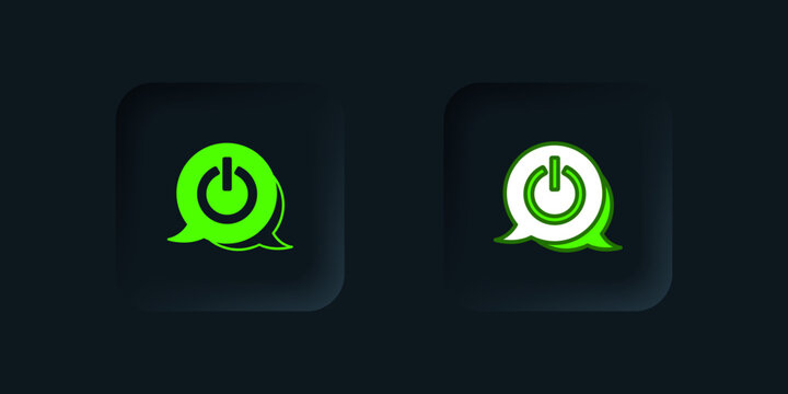 Green Power button icon isolated on black background. Start sign. Black square button. Vector