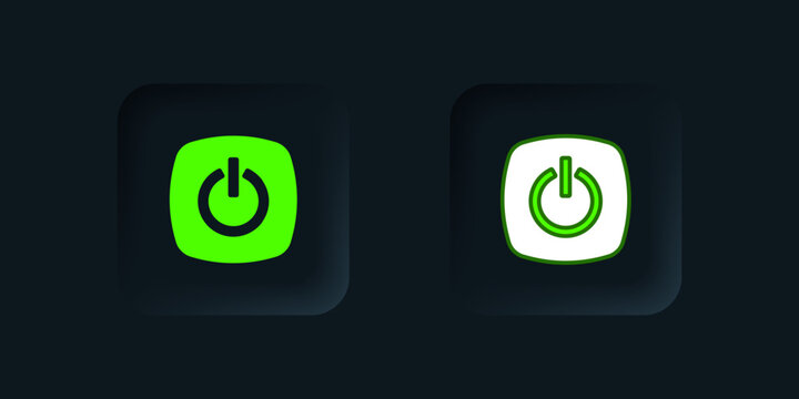 Green Power button icon isolated on black background. Start sign. Black square button. Vector