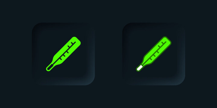 Green Medical thermometer for medical examination icon isolated on black background. Black square button. Vector