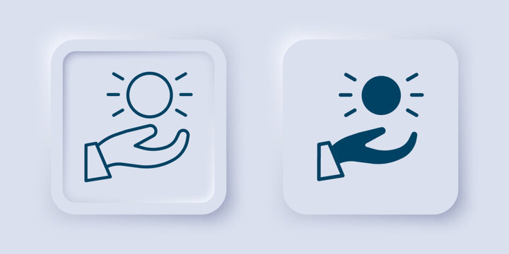 Filled and outline Ball levitating above hand icon isolated on grey background. Levitation symbol. Square button. Vector
