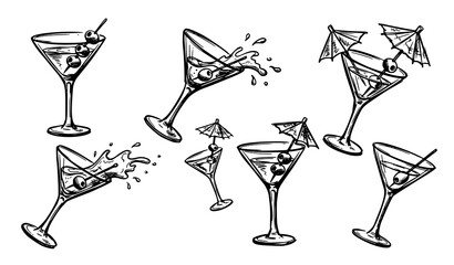 Hand drawn martini cocktail line art icons with olive and umbrella in expressive black ink vector set isolated on white © Chiron