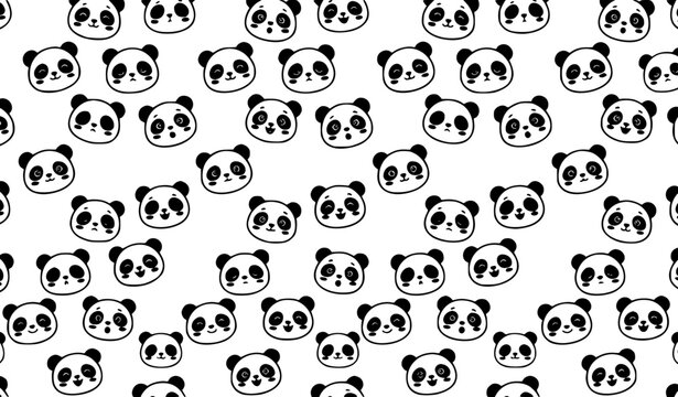 Cute panda face seamless pattern with different expressions kids vector illustration on white background
