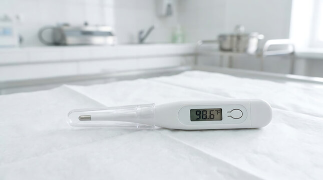 Digital thermometer displaying a normal temperature of 98.6 degrees Fahrenheit on a clean surface, representing health monitoring.