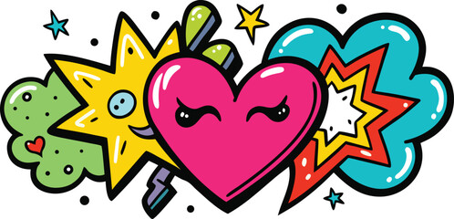Fototapeta premium Vibrant pop art heart doodle with star and comic splash elements in colorful retro cartoon style.