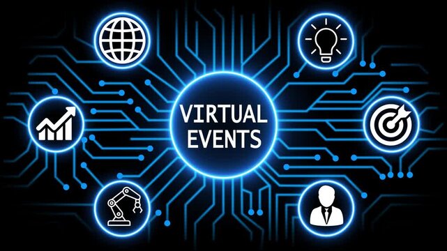 virtual events concept with circuit lines and digital symbols hovering above a businessman, technology. manufacturing process management all connected in a digital circle like pattern.