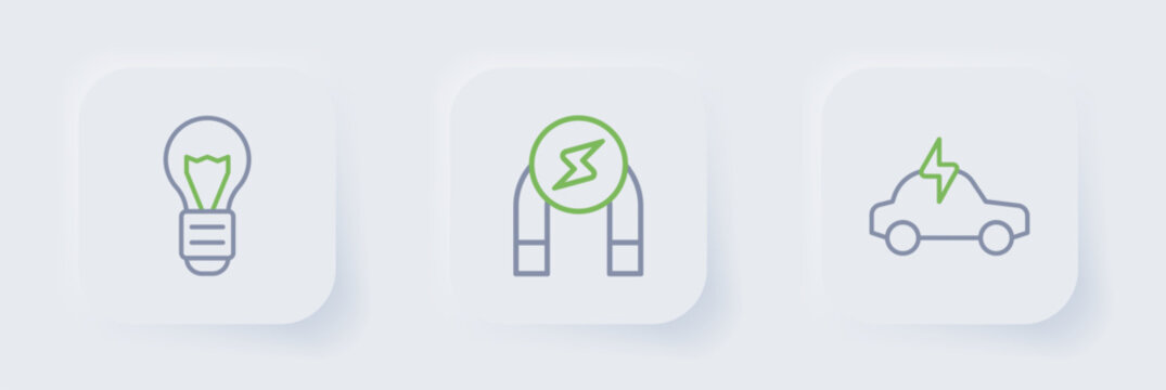 Set line Electric car, Magnet and Creative lamp light idea icon. Vector