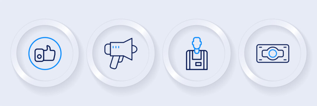Set line Stacks paper money cash, Seller, Megaphone and Hand like icon. Vector