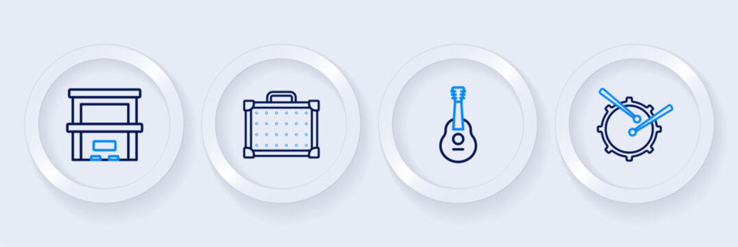 Set line Drum with drum sticks, Guitar, amplifier and Piano icon. Vector