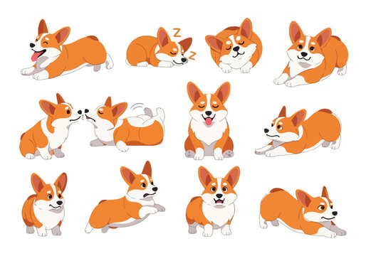 Collection of cute cartoon corgis in various playful poses and expressions