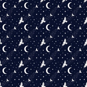 Magical Stars and Moons Night Sky seamless pattern