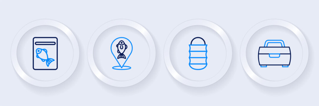 Set line Fishing hook, net, Location fishing and Served plate icon. Vector