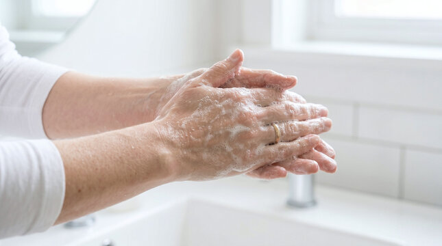A pair of hands washing with soap at a sink. The hands are clean and wet, with soap lather visible. The background features a bright bathroom setting.