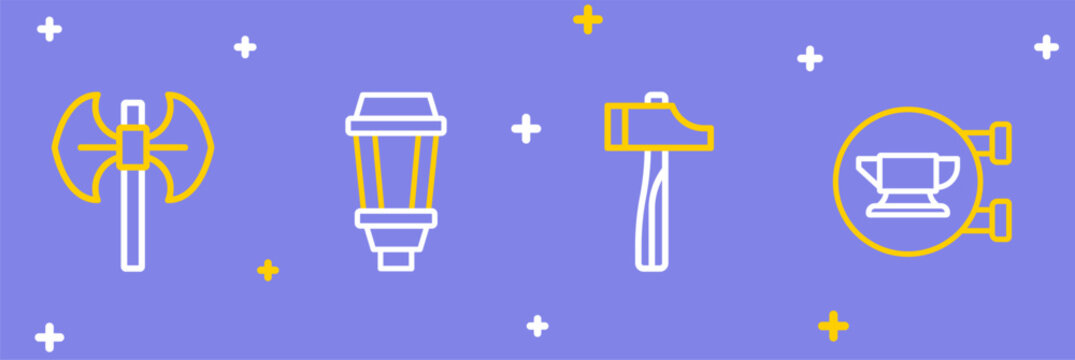 Set line Blacksmith anvil tool, Hammer, Garden light lamp and Medieval poleaxe icon. Vector