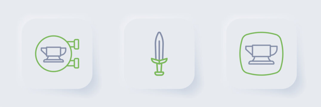 Set line Blacksmith anvil tool, Medieval sword and icon. Vector