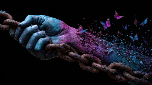conceptual image of hand breaking free from chains with colorful butterflies