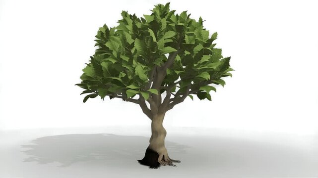 A lush green deciduous tree with a thick trunk and spreading branches stands isolated on a white background