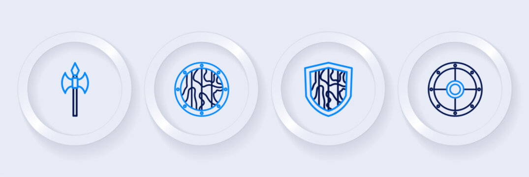 Set line Round shield, Shield, wooden and Medieval axe icon. Vector