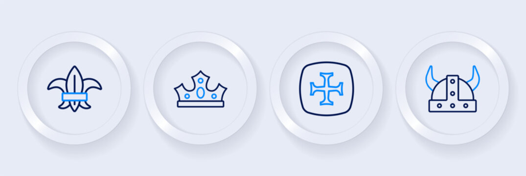 Set line Viking in horned helmet, Crusade, King crown and Fleur lys lily flower icon. Vector