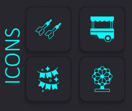 Set Ferris wheel, Dart arrow, Fast street food cart and Carnival garland with flags icon. Black square button. Vector