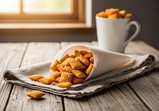 Crunchy salted chex mix snacks served in a paper cone and a white mug on a rustic wooden table with soft natural light from a window in the background.