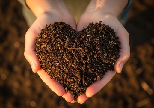 Hands cradling heart-shaped pile of rich soil, symbolizing love for nature