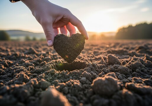 Hand planting a heart-shaped clod of earth into a field at sunset