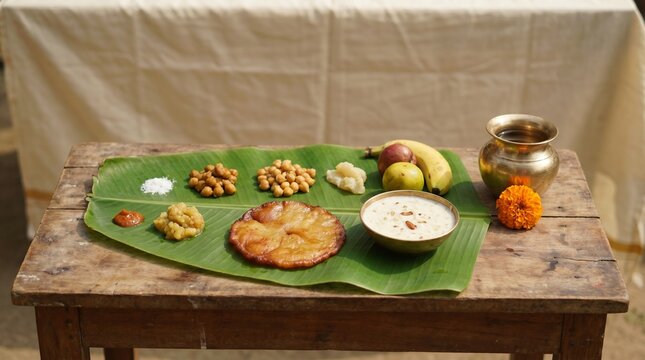 Traditional Indian Bhog served on Banana Leaf with Malpua, Kheer, and Fruits for Ritual Offering.