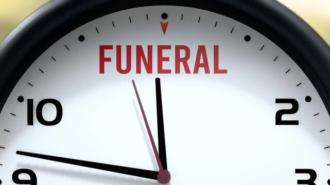 Funeral that is going to happen soon. Upcoming funeral, approaching in the near future. Funeral almost here, in a short time - a clock symbolizes a reminder that funeral is near.