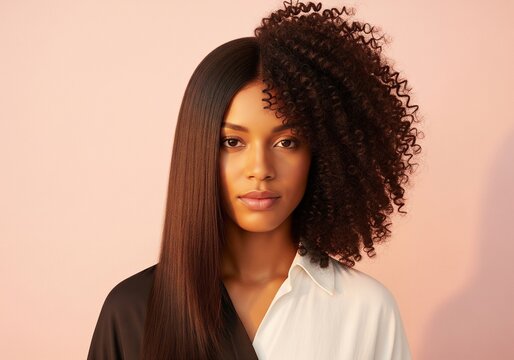 Split image showing a woman with half straight hair and half curly hair against a soft pink background
