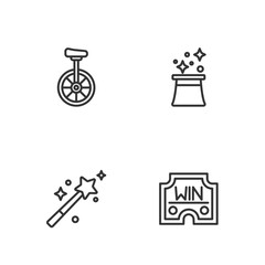 Set line Casino win, Magic wand, Unicycle and Magician hat icon. Vector © Iryna