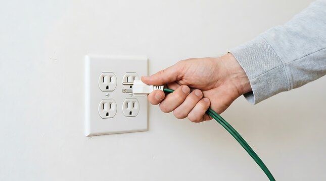 Person plugging green extension cord into dual wall outlet, modern home electricity setup