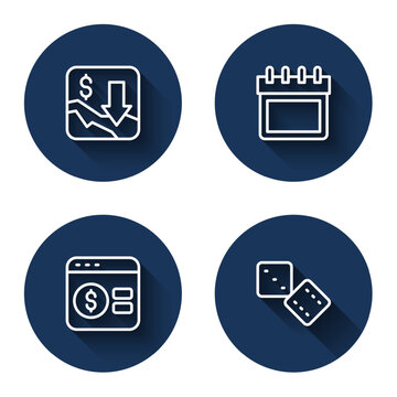 Set line Financial growth decrease, Calendar, Online poker table game and Game dice with long shadow. Blue circle button. Vector