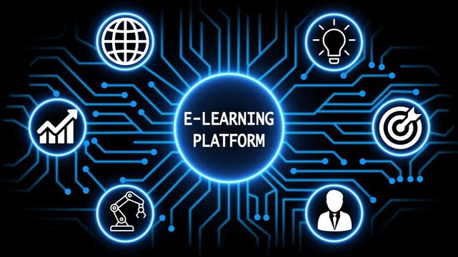 e-learning platform concept with circuit lines and digital symbols hovering above a businessman, technology. manufacturing process management all connected in a digital circle like pattern.