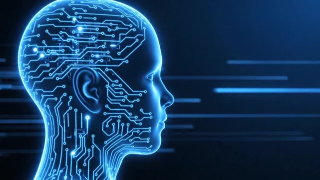 Human profile silhouette featuring intricate digital circuitry patterns representing advanced artificial intelligence technology concept on a dark blue background environment