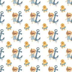 Fototapeta premium Cute lion beach party seamless pattern, funny lion on white background vector.