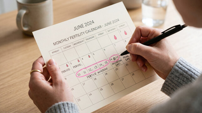 A person marks dates on a fertility calendar for June 2021. The calendar includes symbols for ovulation and menstruation. A cup is visible in the background.