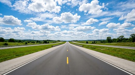 Fototapeta premium Empty highway stretching into horizon under fluffy clouds, bright sunny day, scenic road trip landscape