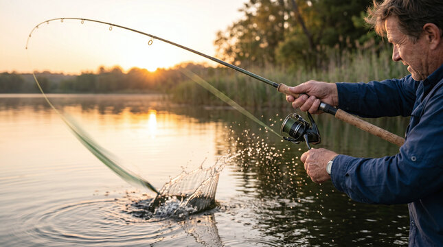 A senior Caucasian man with short brown hair is fishing at a lake during sunset. He is casting a fishing rod into the water, creating splashes.