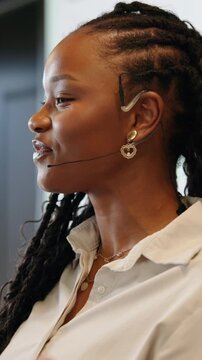 Business, black woman and presentation with smile in office for discussion, training and finance event. Person, presenter and public speaking for coaching, upskill development and investment briefing