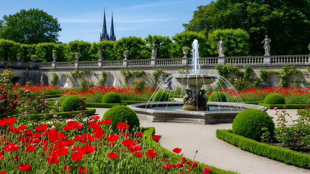 Vibrant flowers surround a serene fountain in a well-manicured garden on a sunny day with trees and a historic building in the background.