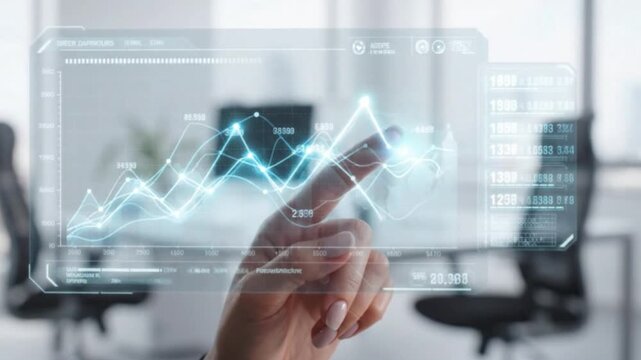 Professional hand touching a digital holographic interface displaying rising financial stock market growth charts for modern investment data analysis concepts
