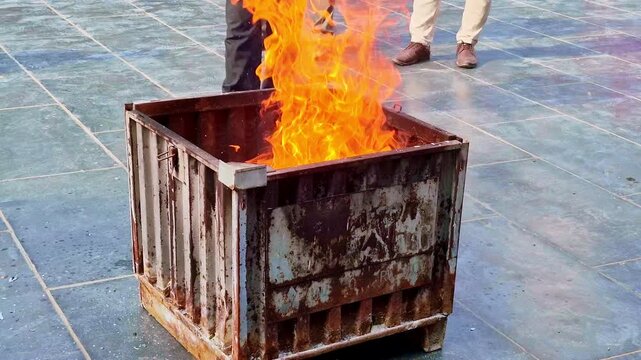 A rusted metal burn bin holds active orange flames as a person stirs the burning material with a long stick, while others stand nearby on the tiled ground observing the controlled fire.
