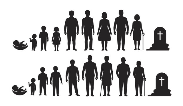 Silhouettes representing human life stages from birth to old age and death infancy childhood