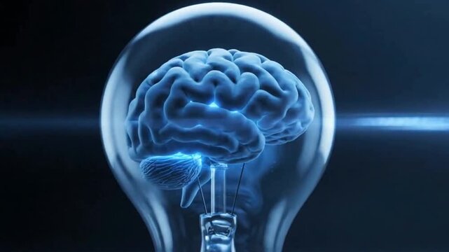 Human brain glowing inside a clear glass light bulb representing innovative ideas and brilliant intellectual concepts for creative business solutions