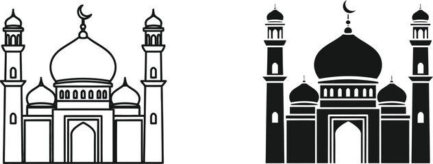 Islamic mosque architecture with domes and minarets in two styles © Sabbir