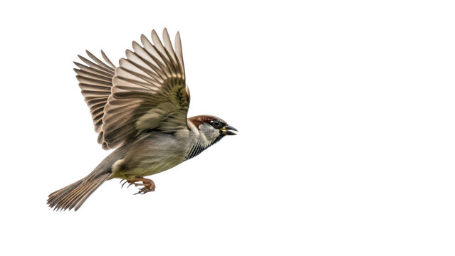 House sparrow bird flying with wings spread open isolated, wildlife